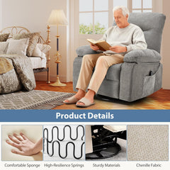DUMOS Rocker Recliner Chair, Swivel Recliner with Vibration Massage & Lumbar Heating, 270° Rotating Chenille Fabric Recliner with footrest for Living Room & Bedroom, Grey