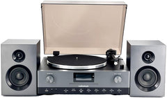 RadioShack Professional Turntable with Speakers  3-Speed Belt-Drive Vinyl Player  Bluetooth Input and Output  FM Radio  CD and USB Playback  Detachable Speakers  Anti-Skating System  Model 4001798
