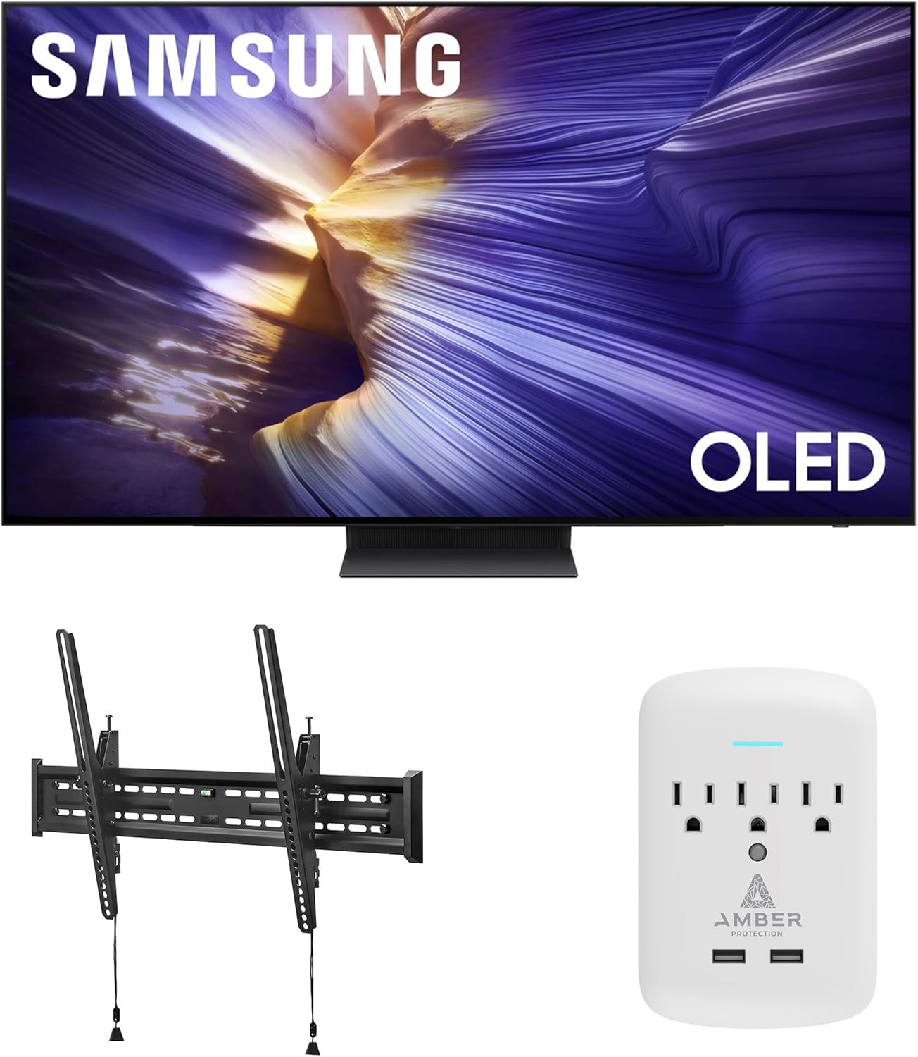 Samsung QN65S90FAFXZA 65 Inch 4K OLED Smart TV with a Walts TILT-MOUNT-43-90 Large/XL Tilt Mount for 43"-98" TVs and Amber Protection 3-Outlet-Surge Surge Protector (2025)
