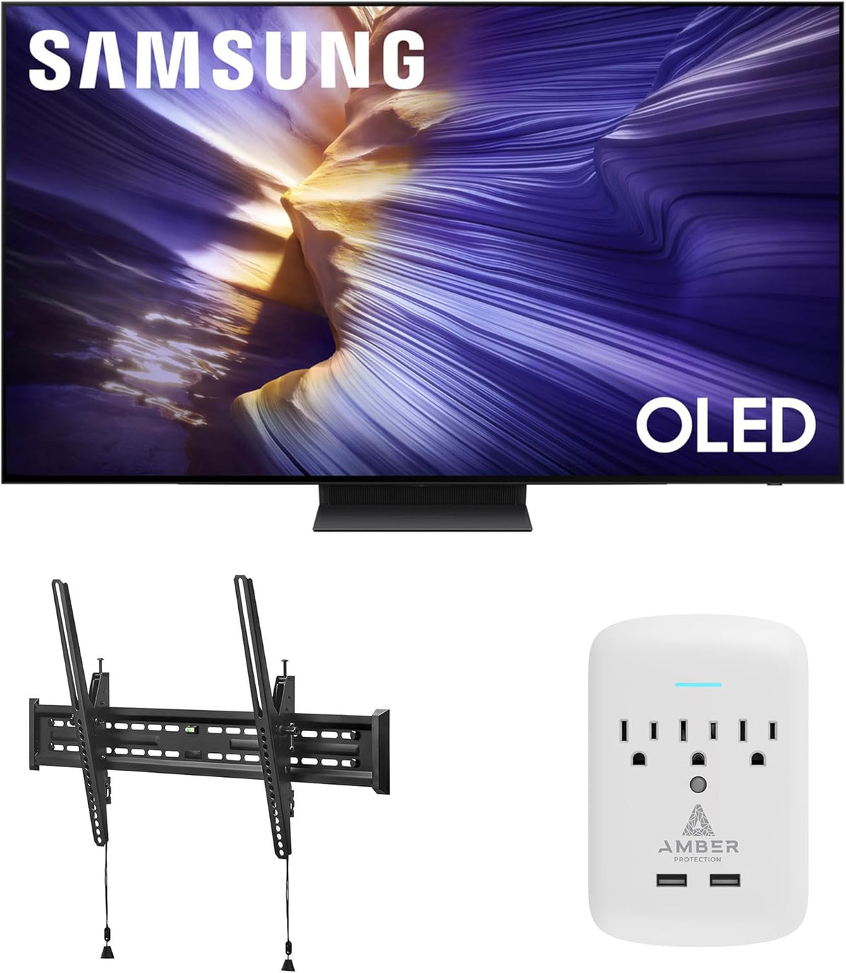 Samsung QN65S90FAFXZA 65 Inch 4K OLED Smart TV with a Walts TILT-MOUNT-43-90 Large/XL Tilt Mount for 43"-98" TVs and Amber Protection 3-Outlet-Surge Surge Protector (2025)