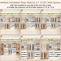 Aheaplus Closet System, 6-15Ft Closet Organizer with 8 Wooden Drawers, Wood Closet Organizer System with Tower, Walk-in Closet Organizer Wardrobe Clothes Rack with 4 Hanging Rods, Garment Rack, White