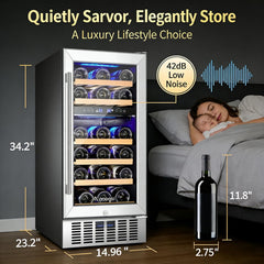 AAOBOSI 15 inch Dual Zone Wine Fridge, 28 Bottles Built-in or Freestanding Fridge,41-64°F Wine Cooler with Professional Compressor，Low Noise and No Fog