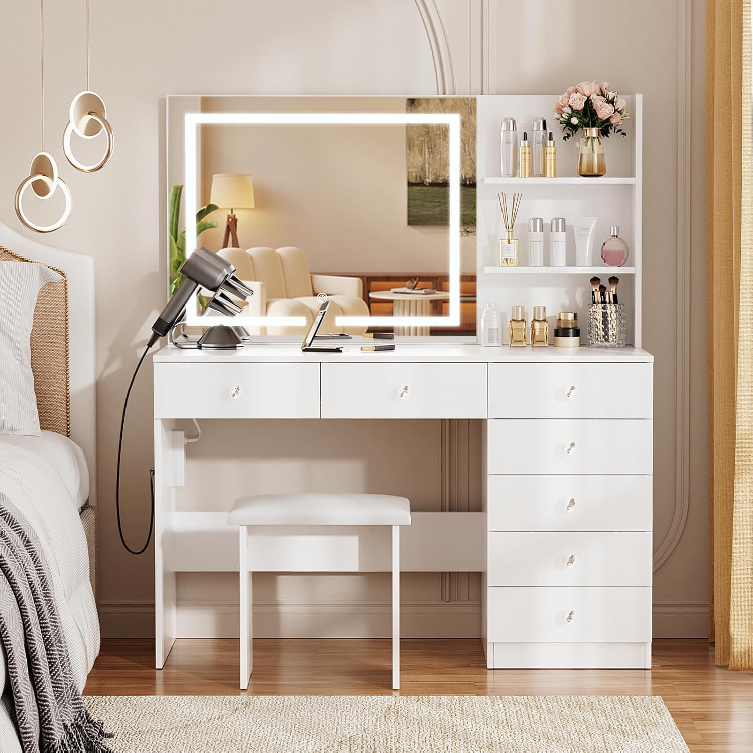 VOWNER Vanity with Lighted Mirror - 47" Makeup Vanity Desk with 7 Drawers, 3 Storage Shelves and Outlet, 3 Color Lighting Modes with Adjustable Brightness, Makeup Desk with Stool for Bedroom (White)