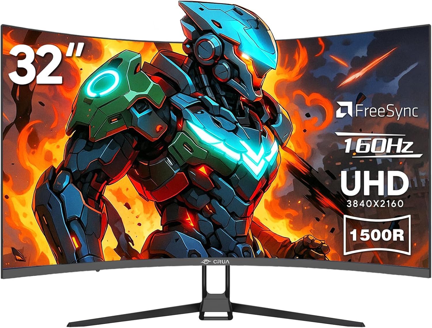 CRUA 32" Curved Gaming Monitor  4k UHD(3840 * 2160P) VA Screen  1500R  144Hz/160Hz Computer Moniter  Supports AMD Freesync  120% sRGB  Built-in Speakers  Wall Mountable Installs(HDMI 2.1/DP 1.4)-Black