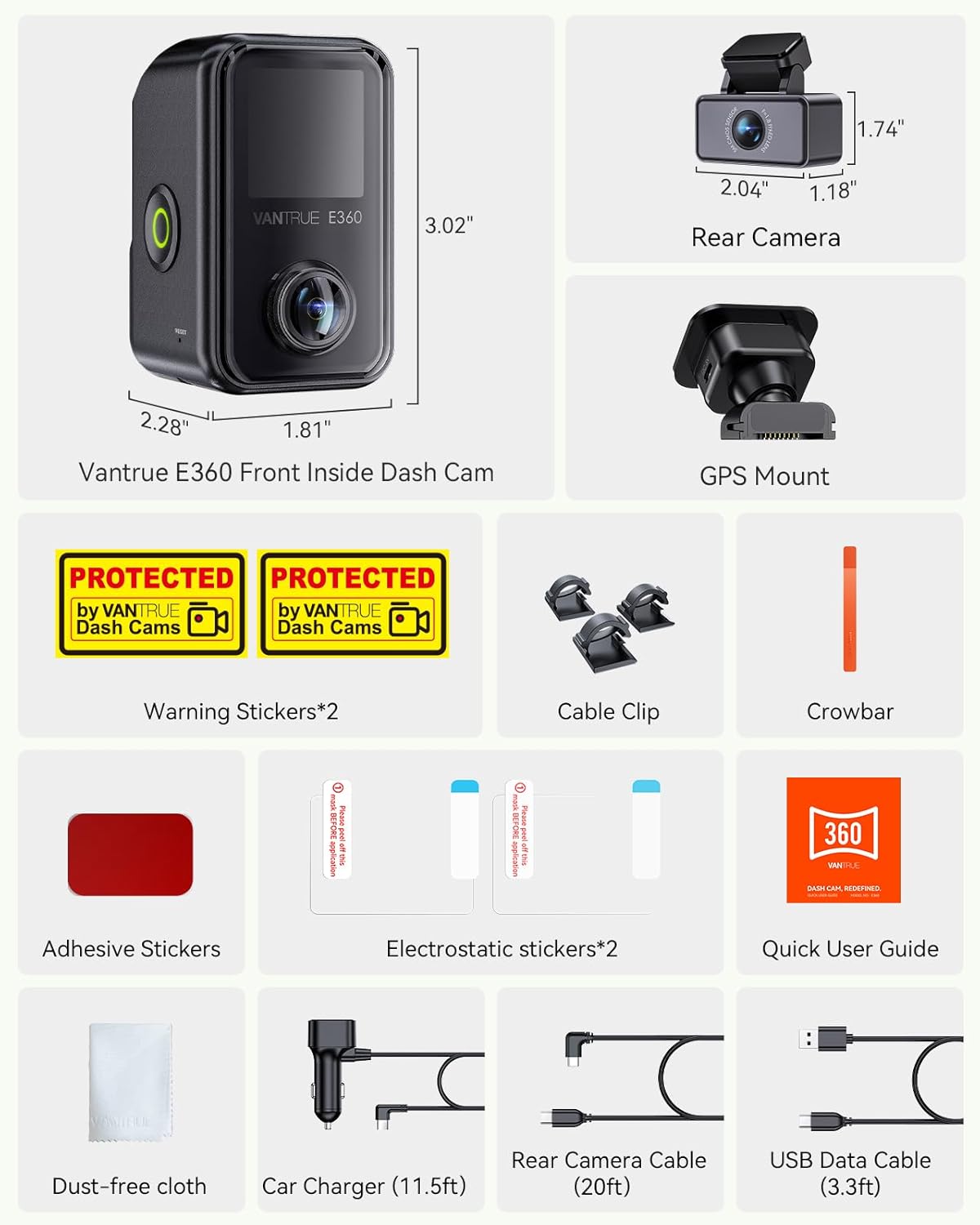 Vantrue E360 Plus All Channel Dash Cam  585°  Dual STARVIS 2  Fisheye Front + Fisheye Inside + Rear Dash Camera  Dual IR Night Vision  GPS  WiFi  Touchscreen  Parking Mode  Voice Control  Support 1TB