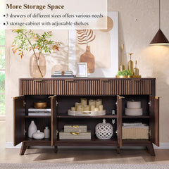 T4TREAM Fluted Buffet Sideboard Cabinet with Storages, 60" Large Modern Buffet Table Coffee Bar Wine Bar Storage Cabinet with 3 Drawers & 4 Doors for Dining Room, Living Room, Hallway(Dark Walnut)