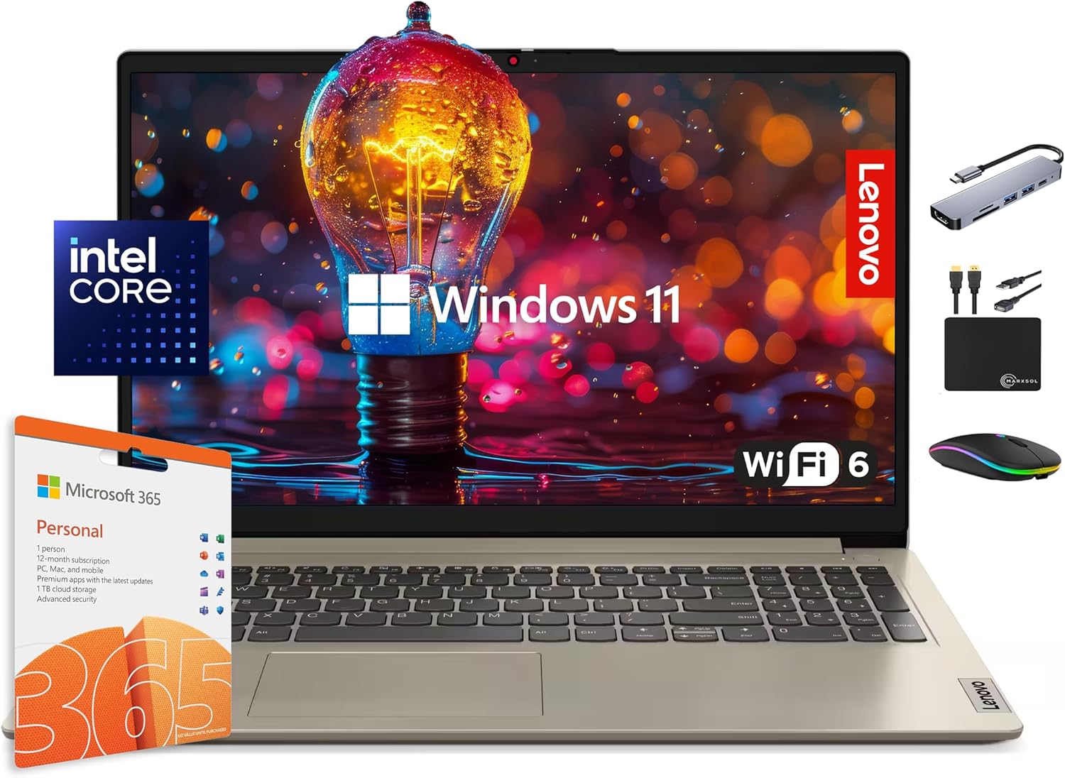 Lenovo IdeaPad Laptop Computer 2025  15.6" Display  12GB RAM  1.1TB Storage (500GB SSD + 128GB eMMC + 500GB Ext)  Intel Dual Core Processor  Long Battery  MarxsolAccessory  1 Year Office 365  Win 11