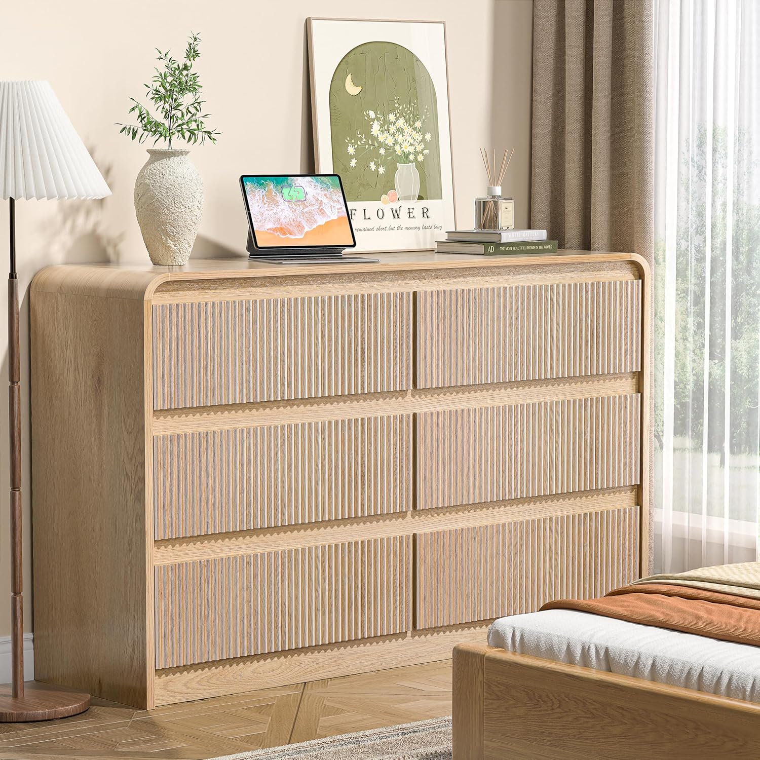 6 Drawer Dresser for Bedroom, Natural Wood Chest of Drawers Wide Versatile Storage Organizer with Fluted Panel for Living Room, Office, hallways, Kitchen Natural 6 Drawer