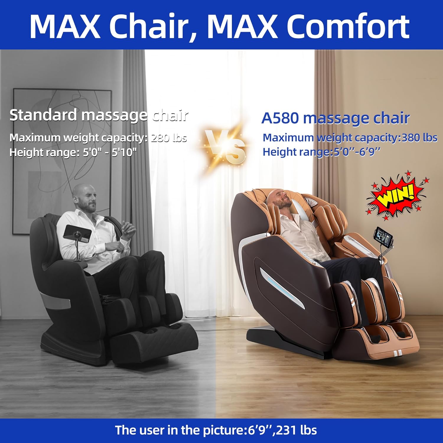 MassaMAX A580 2026 4D Massage Chair for Big & Tall People Full Body Massage Up to 6'10" & 500 lbs  Cloud Upgrade  APP Control  27 Modes  59" SL Track  Auto Footrest Extension  and Heating (Brown) Beta