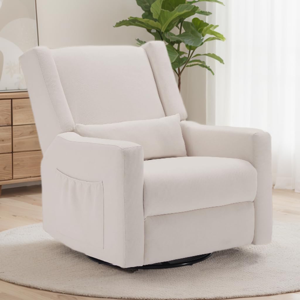 Tbfit 360° Swivel Recliner Chair,Nursery Rocking Chair with Lumbar Support for Bedroom, Comfy Upholstered Armchair with Pillows & Footrest for Living Room (Hidden Ring Handle, Beige)