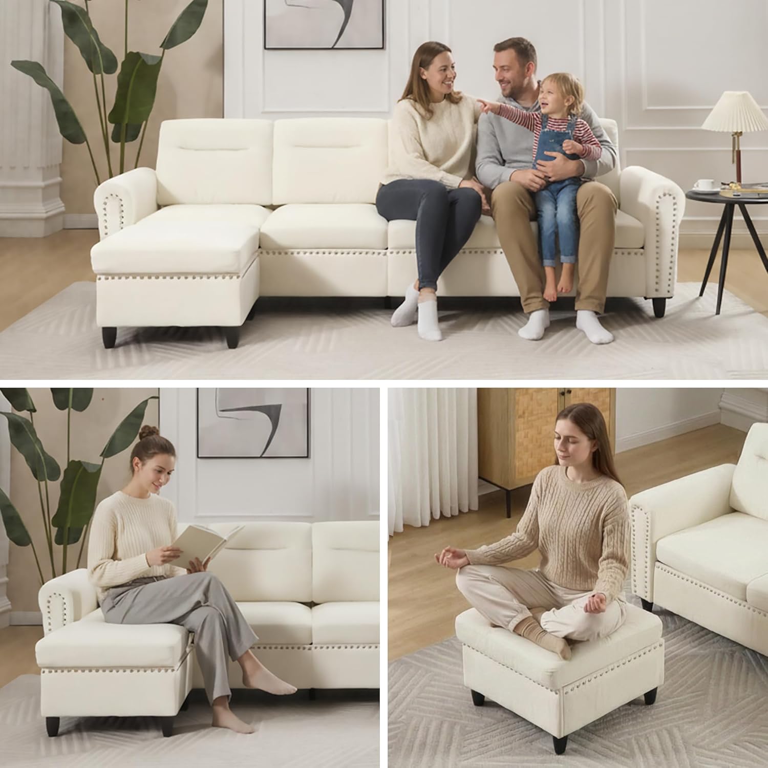Westice 106" Modular Sectional Sofa with Movable Ottoman, Deep-Seat L-Shaped Couch, 4-Seater Modern Sofa for Living Room, Bedroom, or Apartment (Beige)