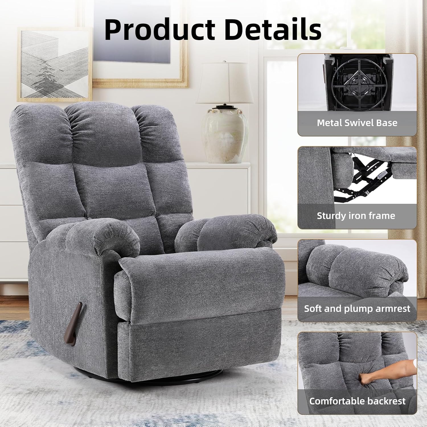 CANMOV Swivel Rocker Recliner for Adults, Glider Rocking Reclining Chair for Nursery, Manual Recliner Chair with Overstuffed Back and Arms for Living Room Bedroom Nursery, Grey