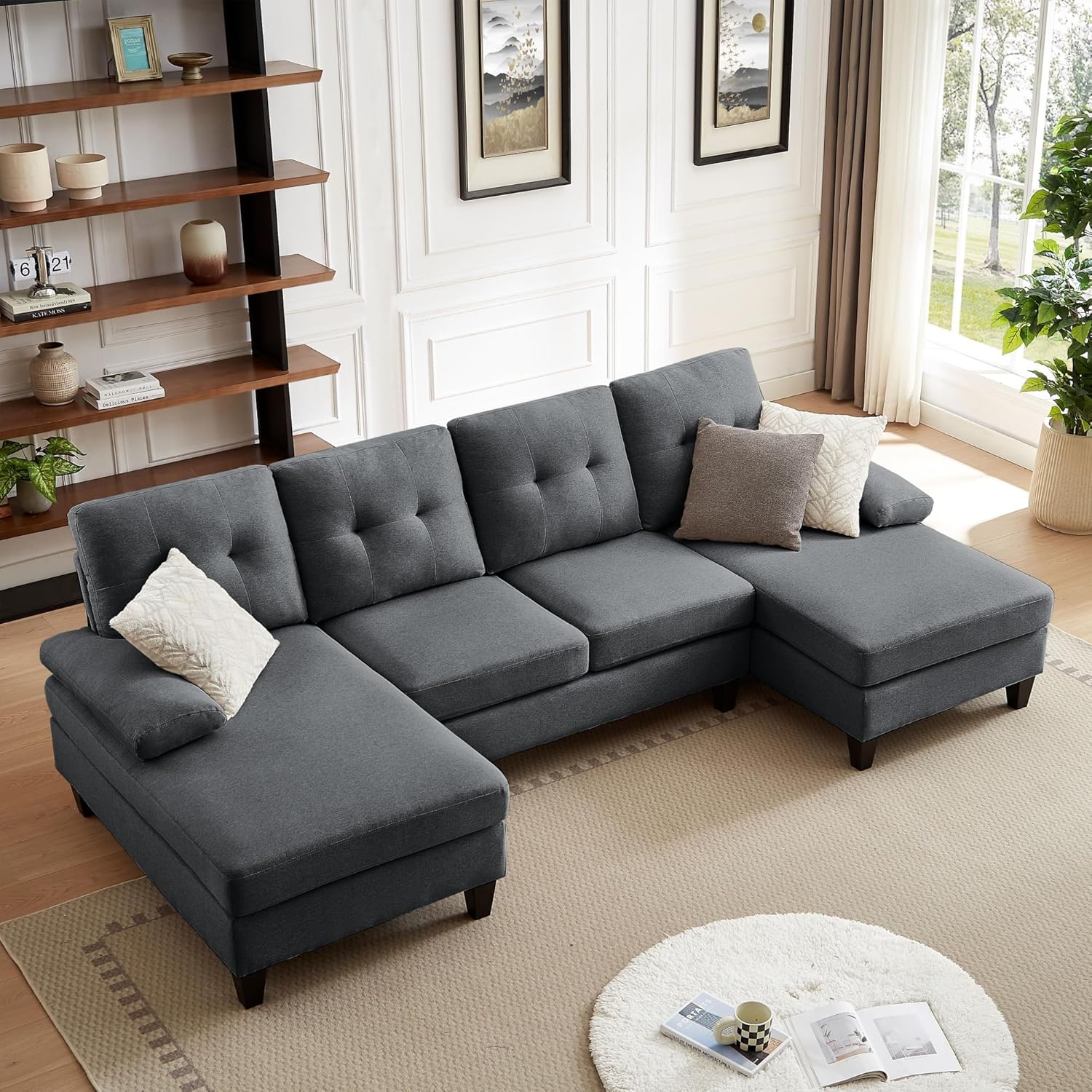 111" Sectional Couch for Living Room, Modern Polyester Fibre U Shaped Sofa Couches with Double Chaise, Upholstered 4 Seater Sofa for Living Room, Apartment, Office, Dark Grey
