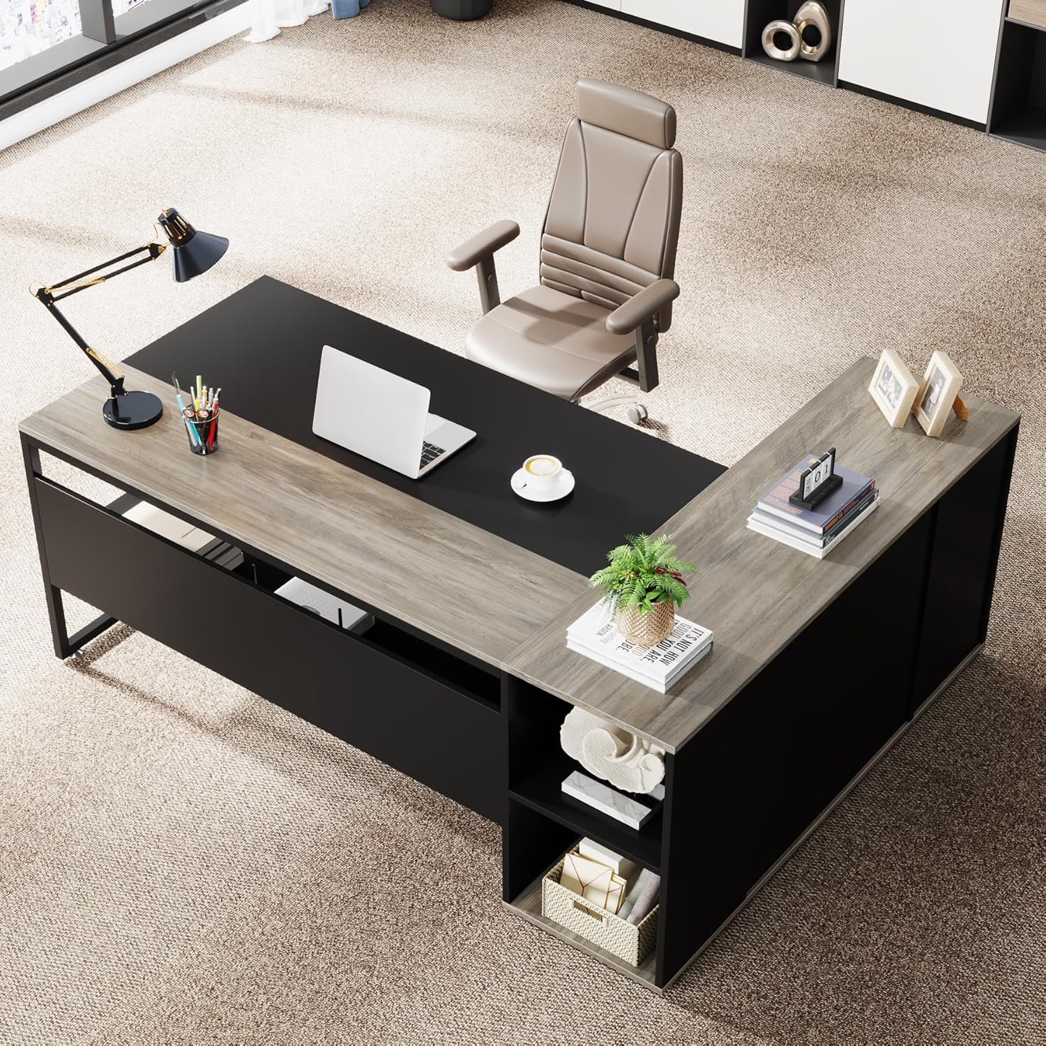 Tribesigns 71 inch Executive Desk, L Shaped Desk with Cabinet Storage, Executive Office Table with Shelves, Business Furniture Set Workstation for Home Office, Gray