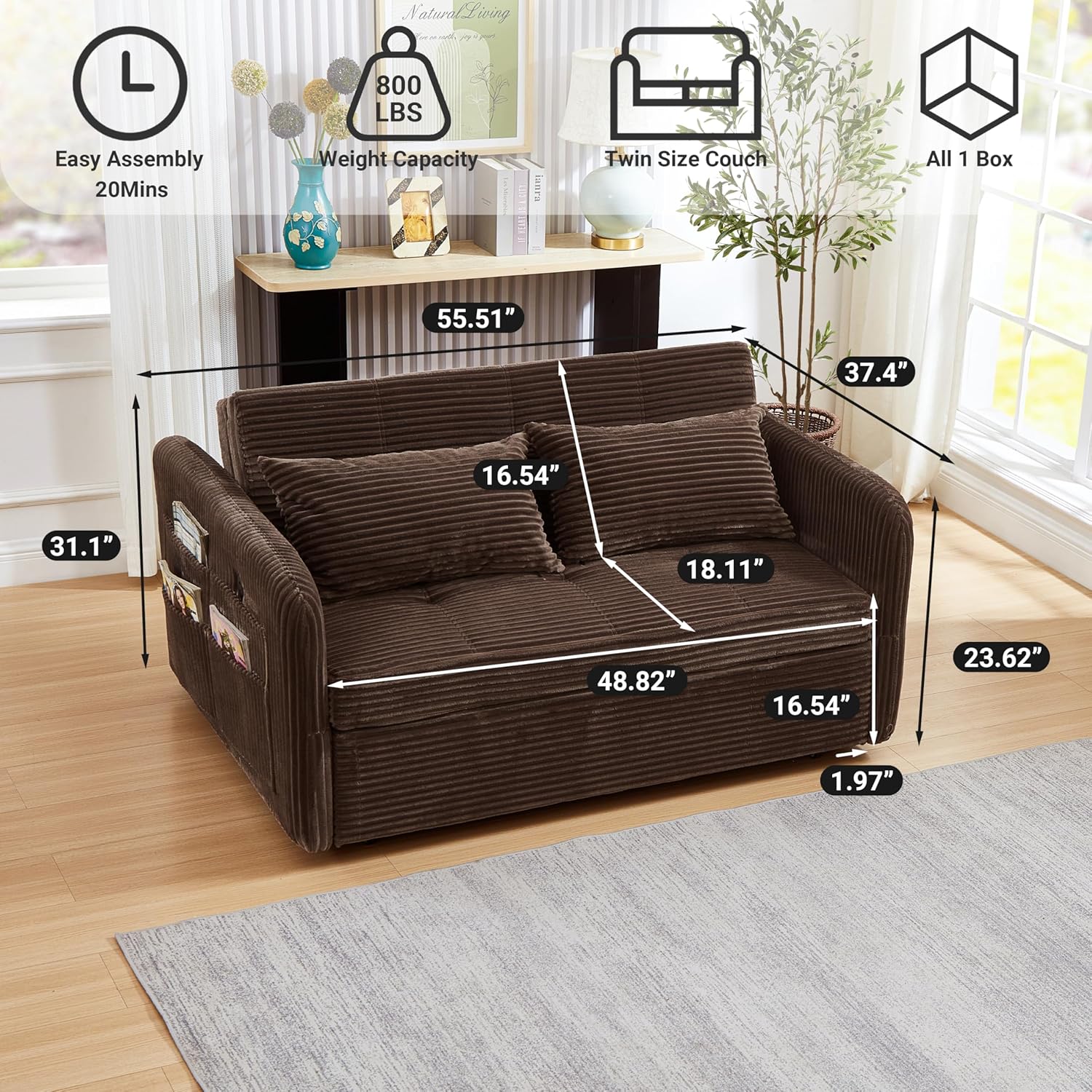 55.5" Corduroy Convertible Sofa Bed, Pull Out Sleeper Sofa Bed, Loveseat Couch with USB Charging Ports, 3 in 1 Convertible Sleeper Sofa Bed for Living Room, Apartment, Bedroom, RV, Beige