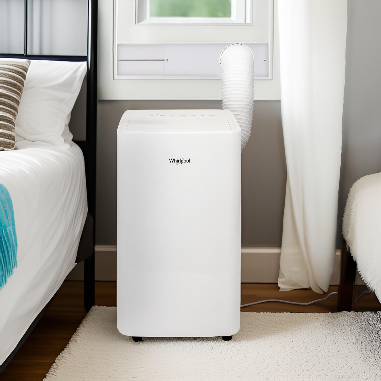 Whirlpool 14,000 BTU Portable Air Conditioner with Dehumidifier for Living Room, Apartment, or Bedroom, 115V, Portable AC for Large Rooms up to 700 Square Feet with Remote, 3 Speeds, and Timer, White