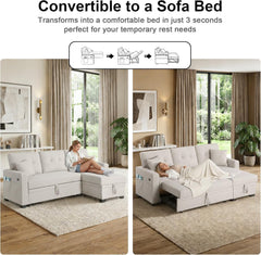 82" L Shaped Sleeper Sofa Bed: Sectional Sleeper Couch with Pull Out Bed, Storage Chaise, USB Charging, 3 Seat Sectional Sofa Bed with Throw Pillow for Living Room (Linen Fabric, Beige)