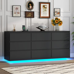 9 Drawer Dresser with Power Outlet, Floating White Dresser Chest of Drawer with LED Light,Modern Double Wide Drawer Organizer Cabinet for Bedroom,Living Room (9 Drawer-Black)