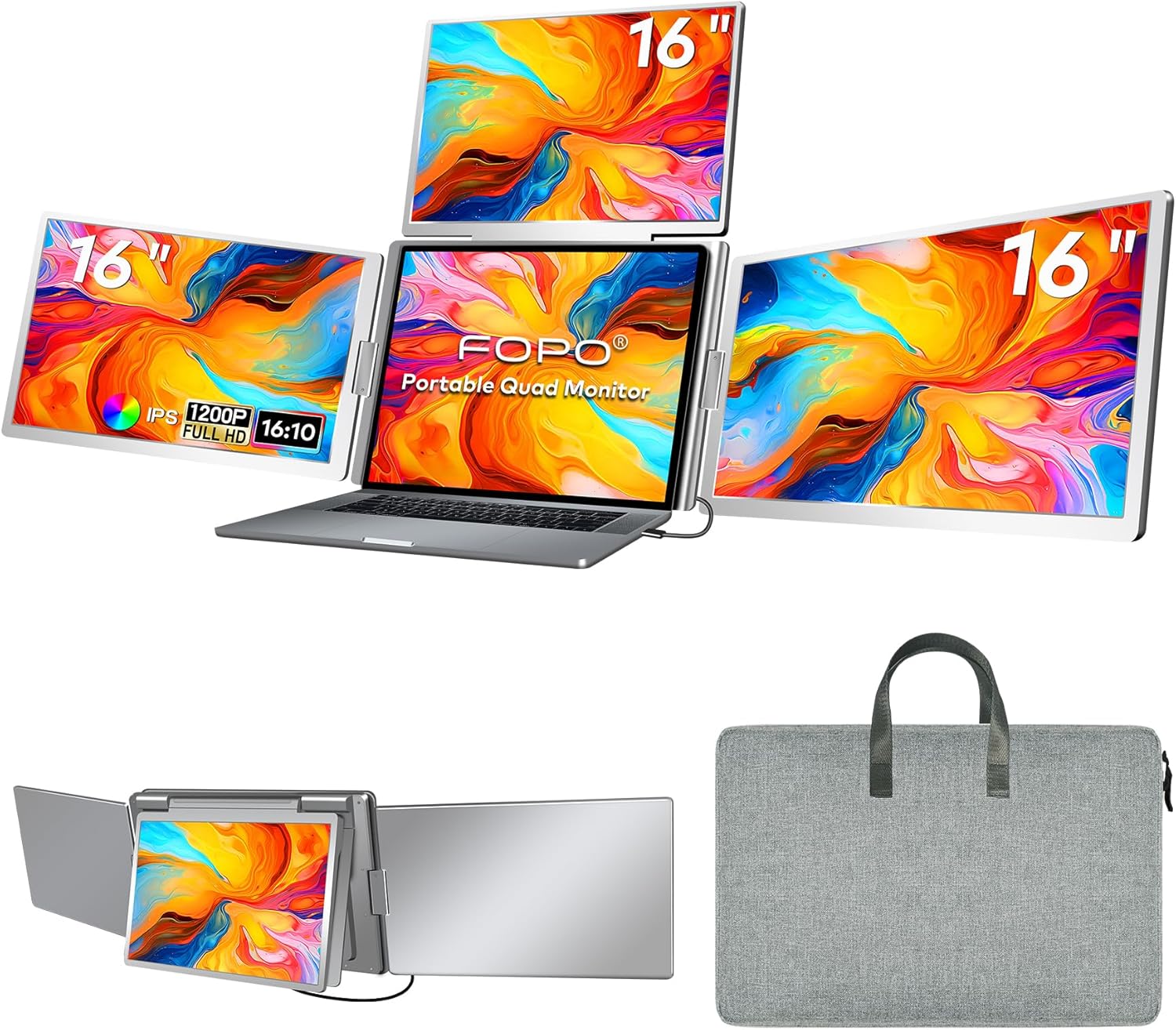 FOPO 16" Laptop Screen Extender Monitor Portable  Quad Monitor  Just 1 Cable for 3 Screens  FHD 1200P IPS Laptop Extender Compatible with Wins/Mac for 13.6" - 18.5" Laptops