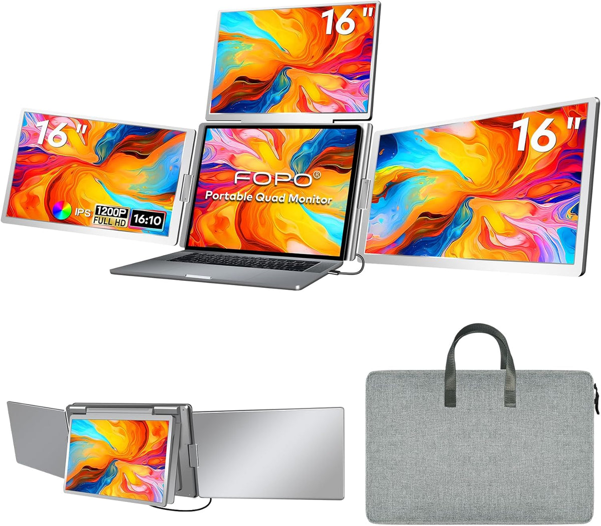 FOPO 16" Laptop Screen Extender Monitor Portable  Quad Monitor  Just 1 Cable for 3 Screens  FHD 1200P IPS Laptop Extender Compatible with Wins/Mac for 13.6" - 18.5" Laptops