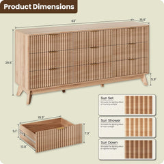 63'' Wide 9 Drawers Dresser for Bedroom,Modern Fluted Vertical Chest with Rounded Corners,Fluted Dresser for Living Room,Hallway, Natural Wood