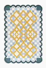 Hand-Tufted Wool Rug with Scalloped Edges | Checkered Light Blue Plaid Pattern Yellow Motif | Cozy Soft Area Rugs Carpet for Living Room, Bedroom, Nursery (Light Blue, Mustard Yellow, 5' x 8')