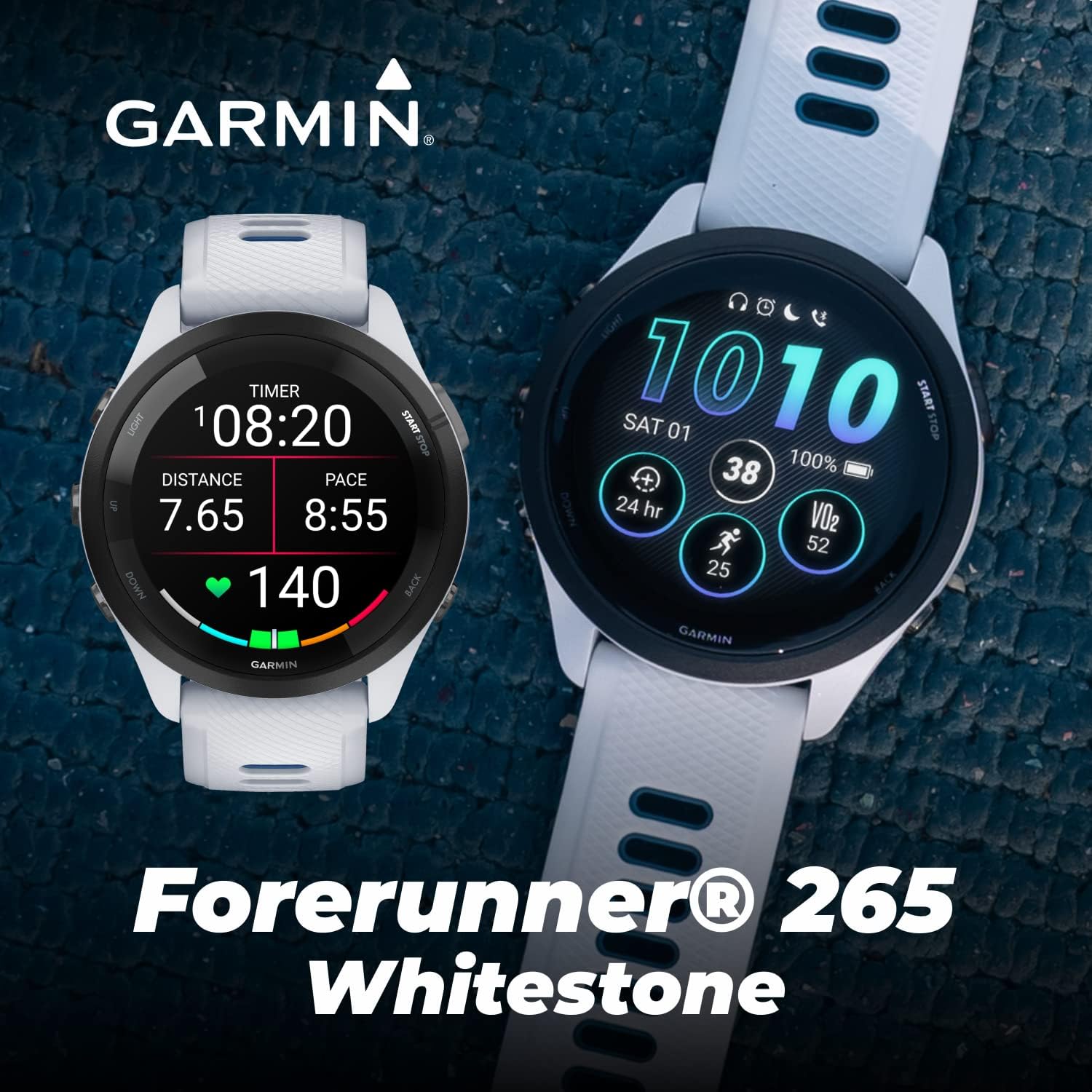 Wearable4U Garmin Forerunner 265 Music GPS Running 46 mm Smartwatch  Whitestone with AMOLED Touchscreen Display White Earbuds Bundle