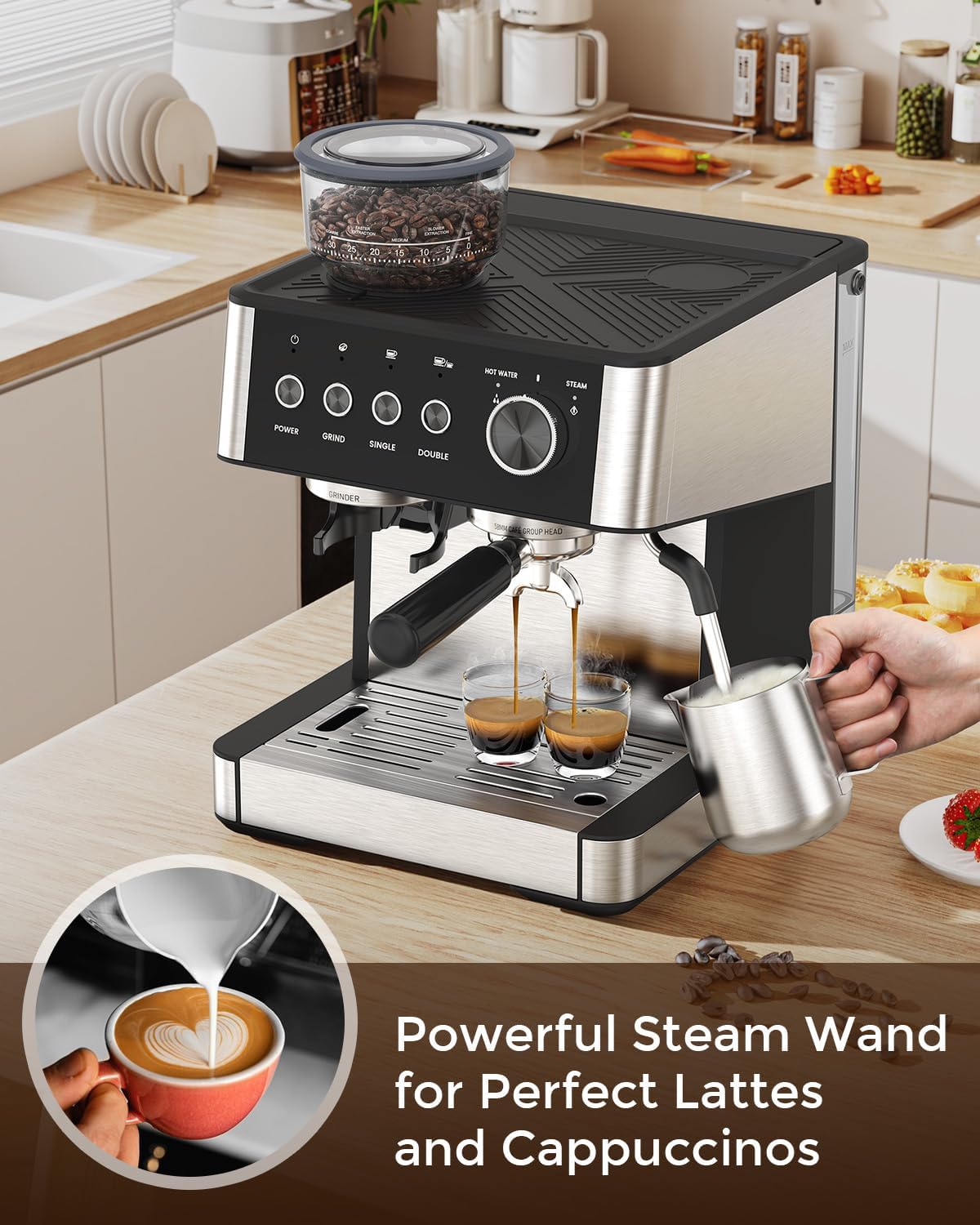 Espresso Machine 15 Bar with Built-in Anti-Clog Coffee Grinder,Stainless Steel Coffee Maker with 77.8 oz Removable Water Tank for Cappuccino/Latte,Home&Office,Black