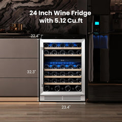 Yeego 24 Inch Wine Fridge Cooler - 52 Bottles Dual Zone Wine Cooler with Glass Door, 40-65℉ Built-In or Freestanding Refrigerator, Under Counter Wine Fridge for Kitchen Bar Office (Left-Hinged)