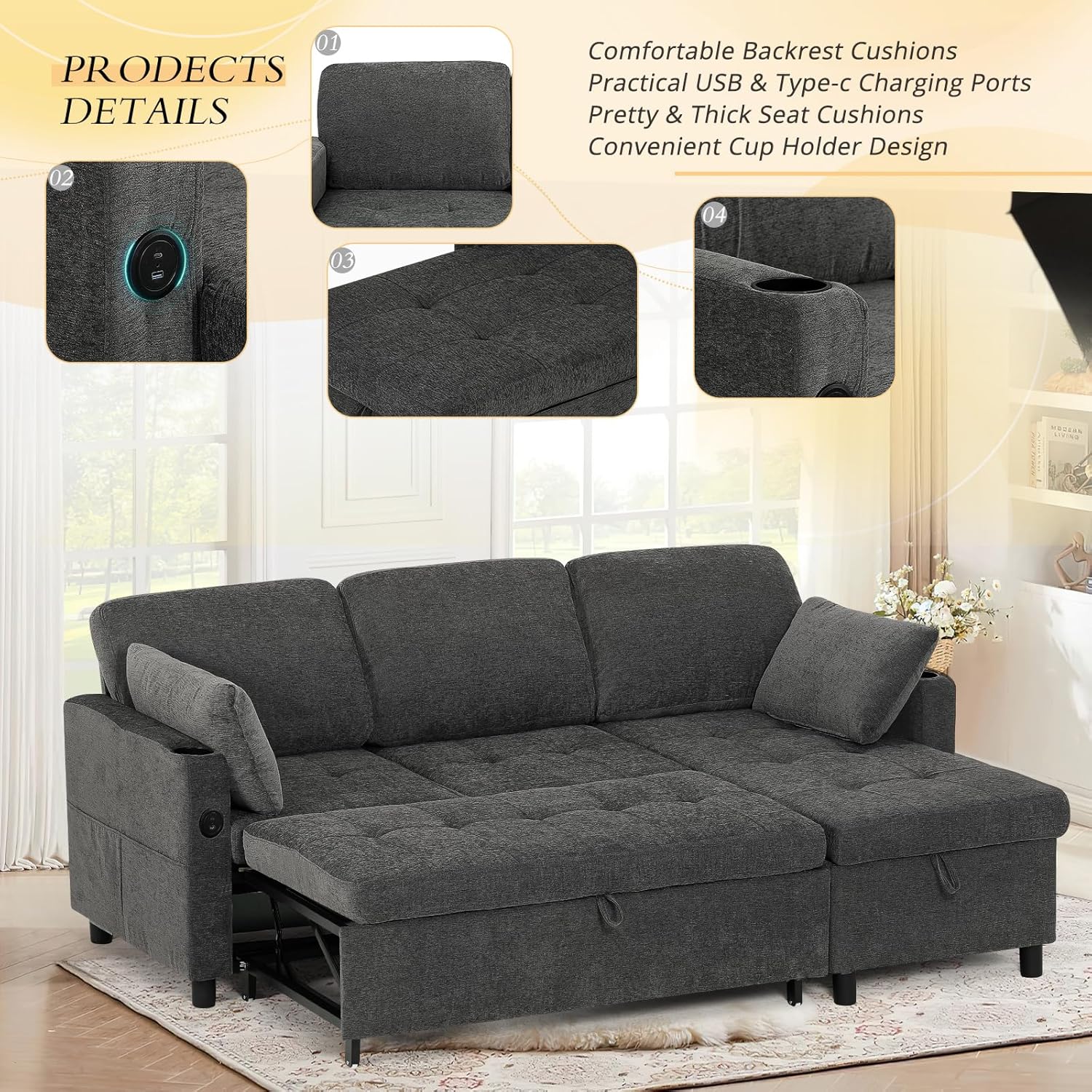 84" L-Shape Pull Out Sofa with 2 Storage Chaise, Fabric Sectional Sleeper Sofa with Adjustable Backrest, Upholstered Reversible Couch Bed with USB Port for Living Room, House, Grey
