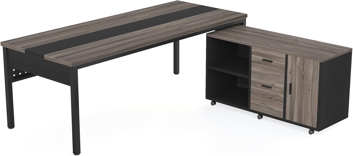 LITTLE TREE 70.8" Executive Desk with Lateral File Cabinet, Modern Thickened Wooden Workstation L-Shaped Computer Desk Large Home Office Writing Desk for Home Office