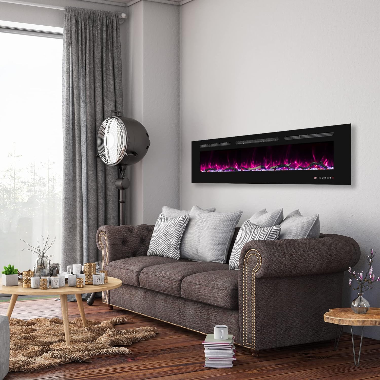 72inch Electric Fireplace in Wall Recessed and Wall Mounted Fireplace Electric, 13 Flame Colors, Realistic Logs & Crystals Fuel Bed, Adjustable Temperature and Timer, 750W/1500W, Black