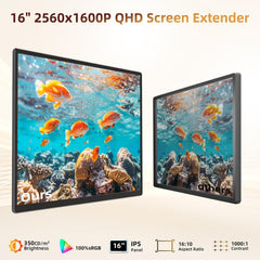 Laptop Screen Extender 2.5K Monitor - 16" Double Portable Monitor 2560x1600P QHD 100% sRGB IPS 235° Rotation Detachable Screen Design Extra Compatible with Mac Wins Dex Chrome Fits 13"-17" Laptops