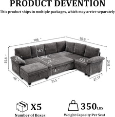 108 Inch Sectional Sleeper L Shaped Sofa with Pull Out Bed, 7 Seat Modular Sectional Sofa with Storage, Modern Chenille Cloud Couch, Sectional Couches for Living Room, Gray