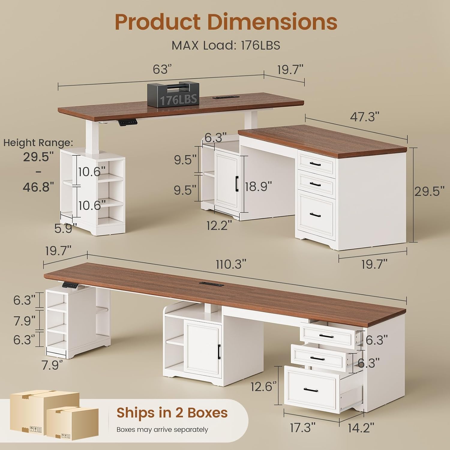 SEDETA Farmhouse L Shaped Electric Standing Desk, 63" x 67" Height Adjustable Home Office Executive Desk with Drawers and Shelves, Standing Computer Desks with Power Outlet for Home Office, White