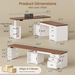SEDETA Farmhouse L Shaped Electric Standing Desk, 63" x 67" Height Adjustable Home Office Executive Desk with Drawers and Shelves, Standing Computer Desks with Power Outlet for Home Office, White