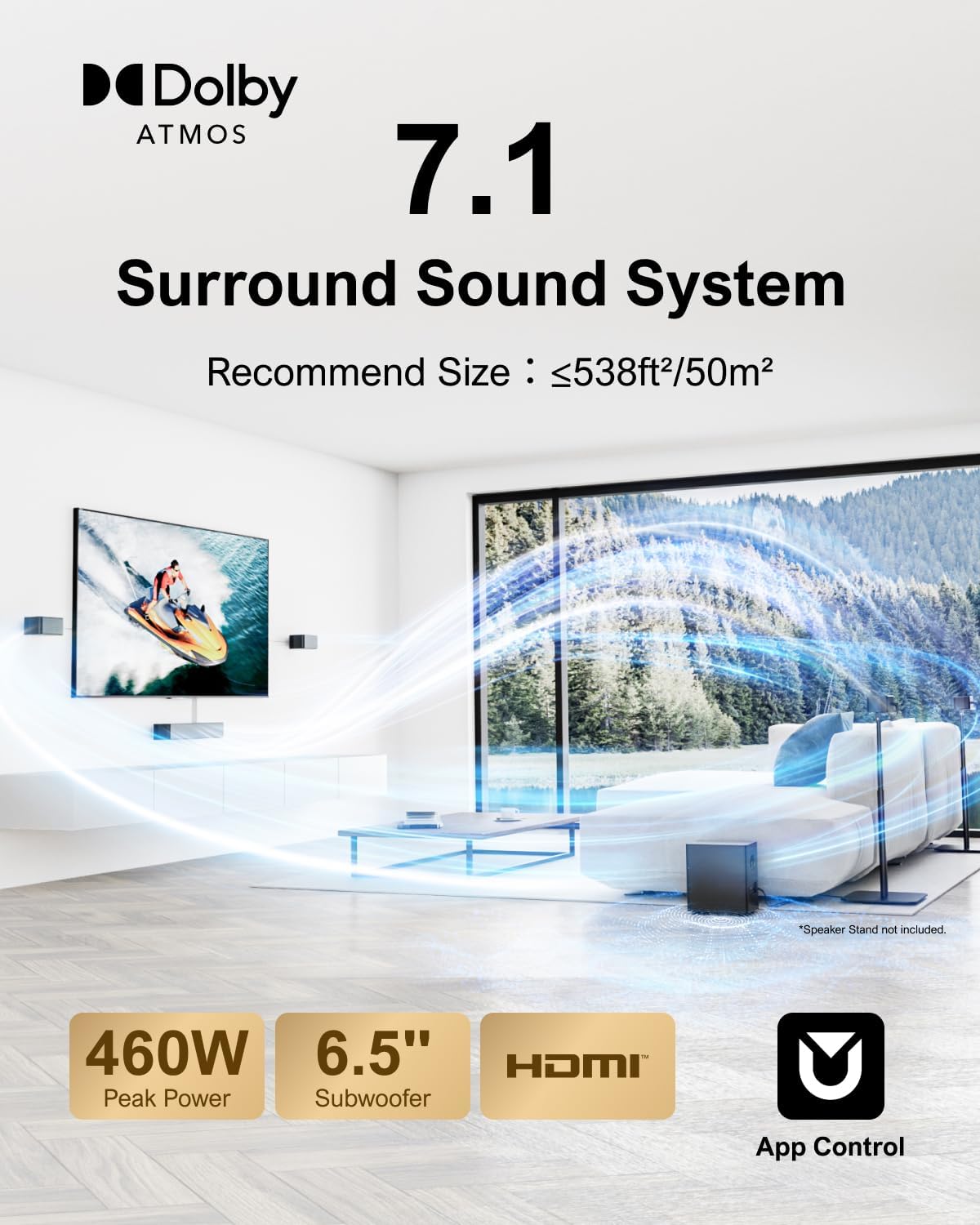 ULTIMEA 7.1CH Surround Sound System for TV  Soundbar with Dolby Atmos  6.5" Wireless Subwoofer  APP Control  4 Wired Surround Speakers  Peak Power 460W Soundbar for TV  Poseidon D80 (New 2025 Model)