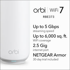 NETGEAR Orbi 370 Series Dual-Band WiFi 7 Mesh Network System for Home (RBE373) – Wireless Router + 2 Extenders  Security Features  5 Gbps  Covers 6 000 sq.ft.  70 Devices  2.5GB Internet Port  BE5000