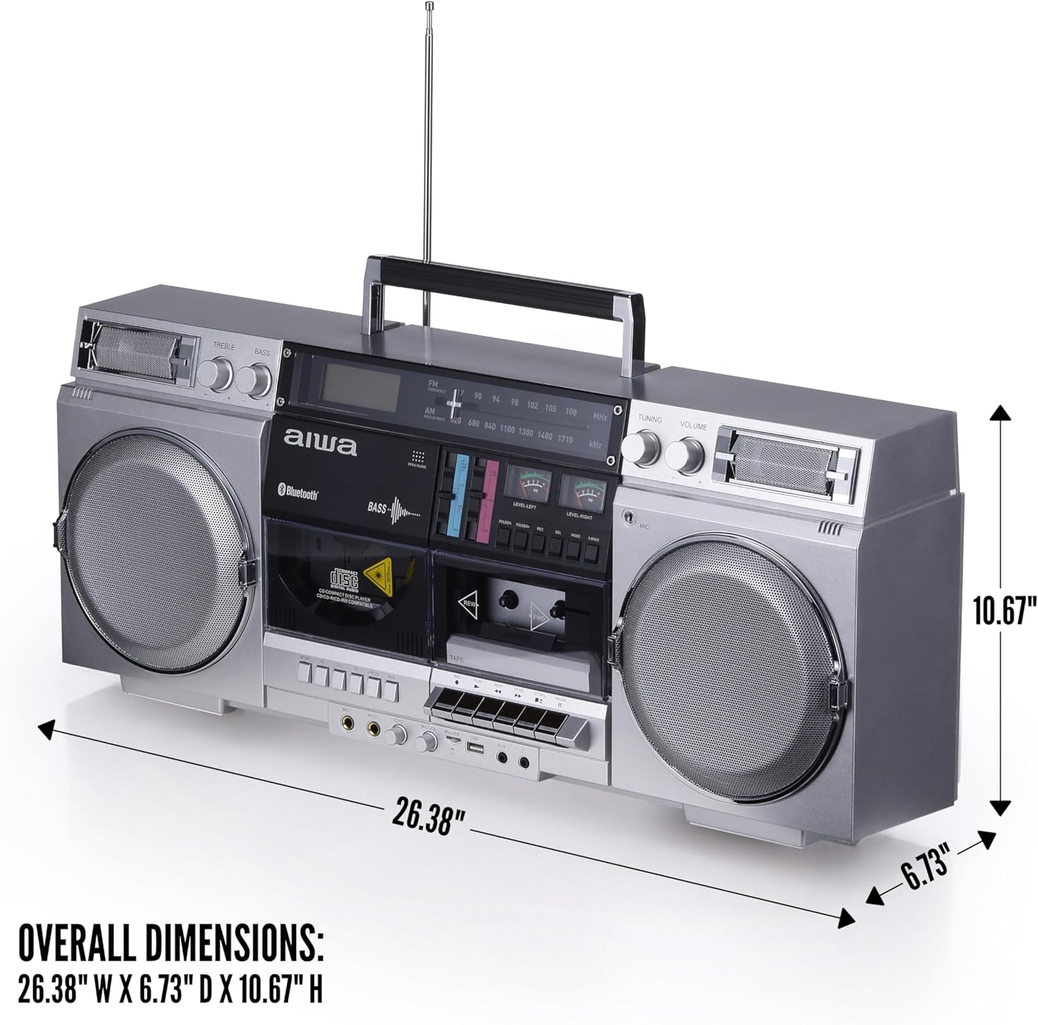 aiwa Retro Boombox CD Player with Cassette Recording  Bluetooth 5.0  FM/AM Radio  USB/SD/AUX Inputs  VU Meters  LCD Display  Dual 40W Speakers - Silver