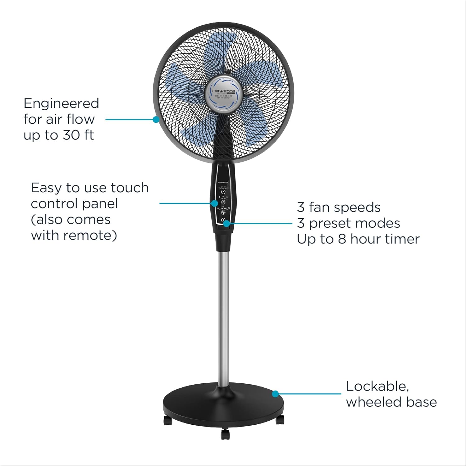 Rowenta, Pedestal Fan, Extreme Outdoor Fan with Remote, 65 Inches, Ultra Quiet Fan, Oscillating, Portable, 3 Speeds, Digital Control, Black, Ourdoor, VU4510