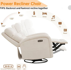 Power Swivel Rocker Recliner Chair for Nursery, Swivel Reclining Rocking Chairs, Electric Swivel Recliner Glider Nursery for Living Room, Upholstered Recliner Chairs for Bedroom, Corduroy White