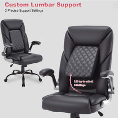 Ergonomic Executive Office Chairs with Lumbar Support Wheels PU Leather Padded Home Desk Chairs with Adjustable Flip Arms, Black