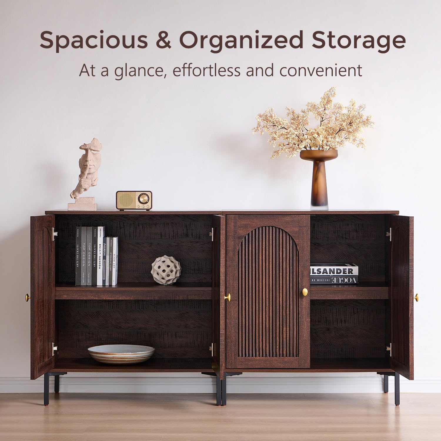 Modern TV Stands for 80 Inch TVs, 92.63" W Wood Entertainment Center w/Adjustable Shelves, Mid Century Modern TV Stand w/Arched Fluted Doors, Media Console Cabinet for Living Room, Brown
