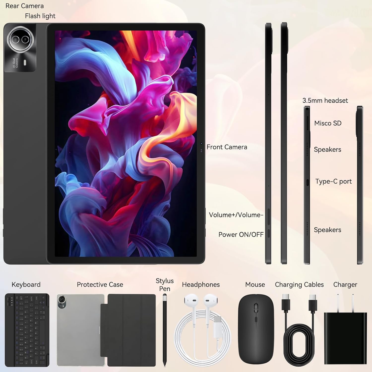 Tablet｜14 inch Android 16 Tablet｜30GB RAM 256GB ROM｜1920 * 1200 IPS FHD｜10000mAh 30W Fast Charging｜Octa-core Processor｜Wi-Fi 6, BT 5.4｜Dual Camera with Keyboard｜Mouse｜Stylus｜Case｜Headphone