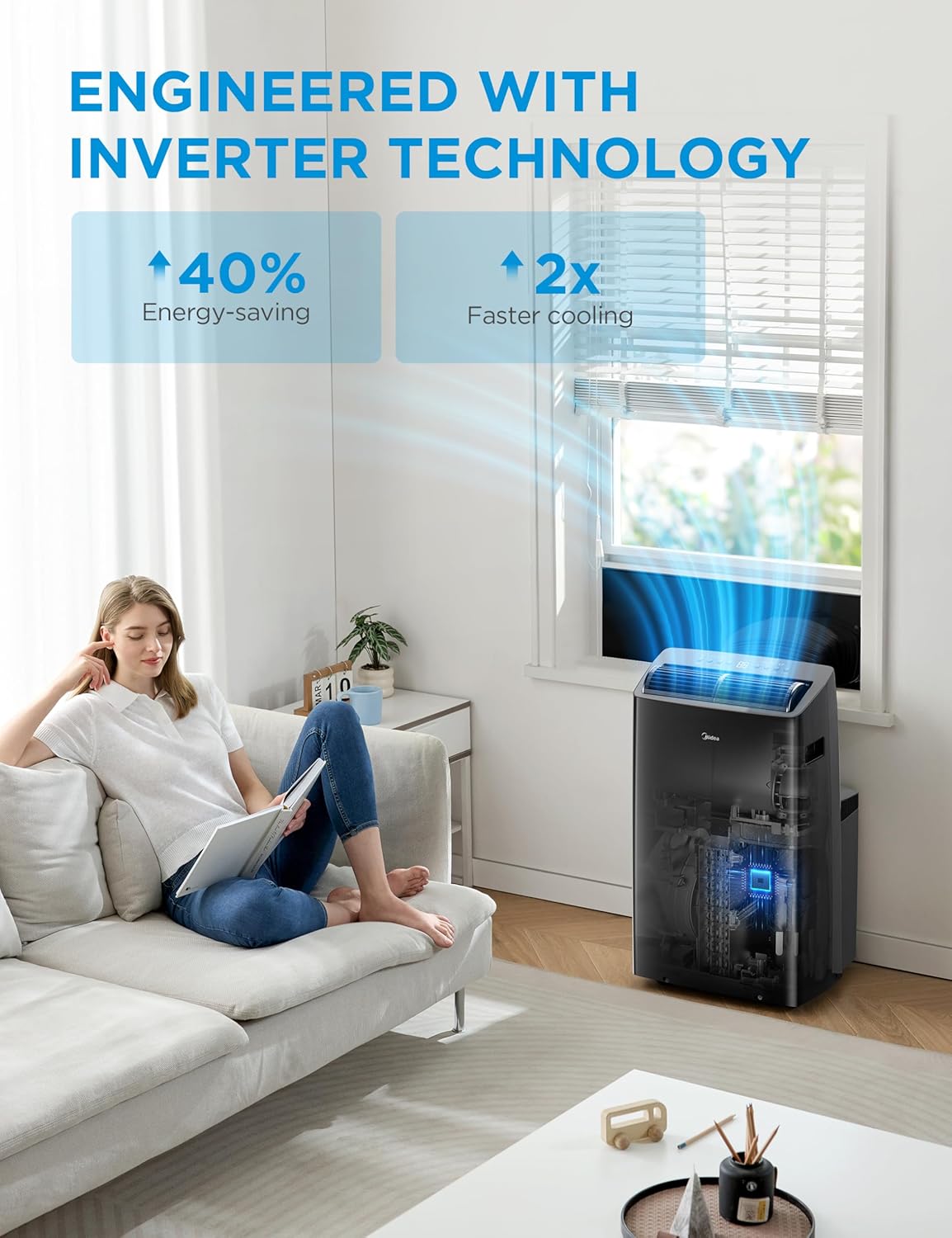 Midea Duo 12,000 BTU (10,000 BTU SACC) High Efficiency Inverter, Ultra Quiet Portable Air Conditioner, Cools up to 450 Sq. Ft., Compatible with Alexa/Google Assistant, Includes Remote