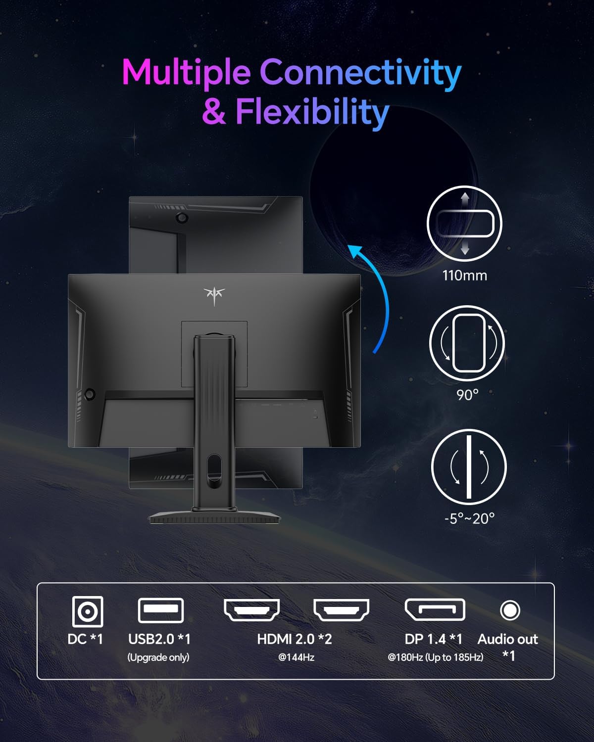 KTC 24 Inch Gaming Monitor 180Hz - 2K 1440P Computer Monitors  Fast IPS Monitor with HDR 400  Adaptive Sync  Up to 185Hz  HDMI 2.0 & Display Port 1.4  Height Adjustable  Vesa Mount  H24T7