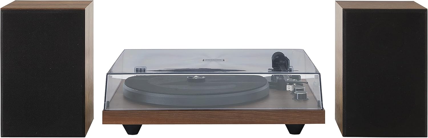 Crosley C62C Turntable HiFi System Record Player with Speakers  Adjustable Tonearm  Moving Magnet Cartridge  Bluetooth Receiver  40W Per Channel  and Anti-Skate  Walnut