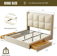 PINJU King Size Bed Frame with Storage Drawers with Linen Upholstery, Extra High Headboard, Wooden Slat Support, No Noise, Easy to Assemble (Cream, King (U.S. Standard))