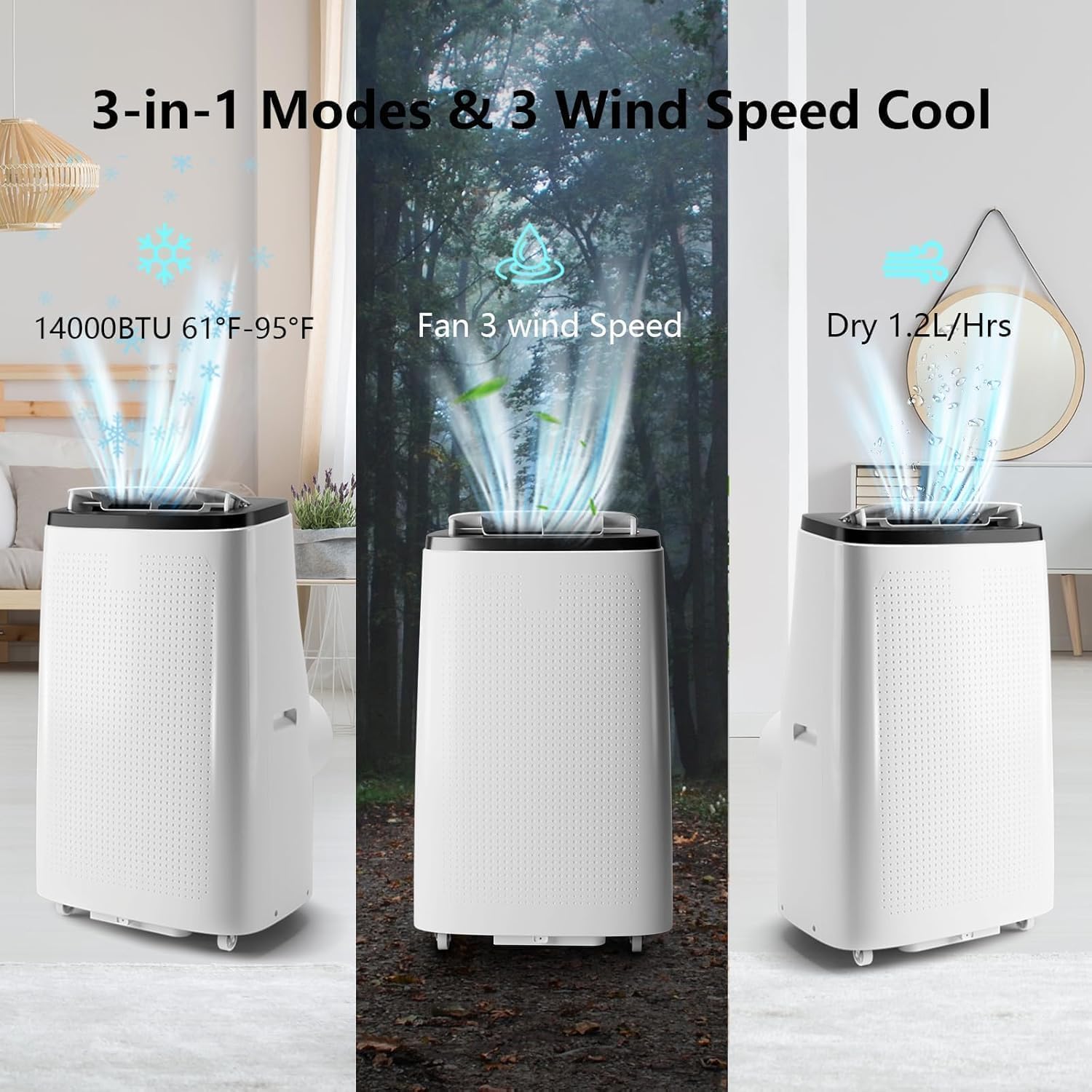 Towallmark 14,000 BTU 3-in-1 Portable Air Conditioner, Cooling, Dehumidifier & Fan, Ultra Quiet 48dB, Sleep Mode, Easy Install (16"-47" Windows), Quick Cooling for 600-750 Sq.Ft. Home, Office, APT