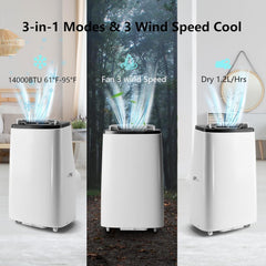 Towallmark 14,000 BTU 3-in-1 Portable Air Conditioner, Cooling, Dehumidifier & Fan, Ultra Quiet 48dB, Sleep Mode, Easy Install (16"-47" Windows), Quick Cooling for 600-750 Sq.Ft. Home, Office, APT